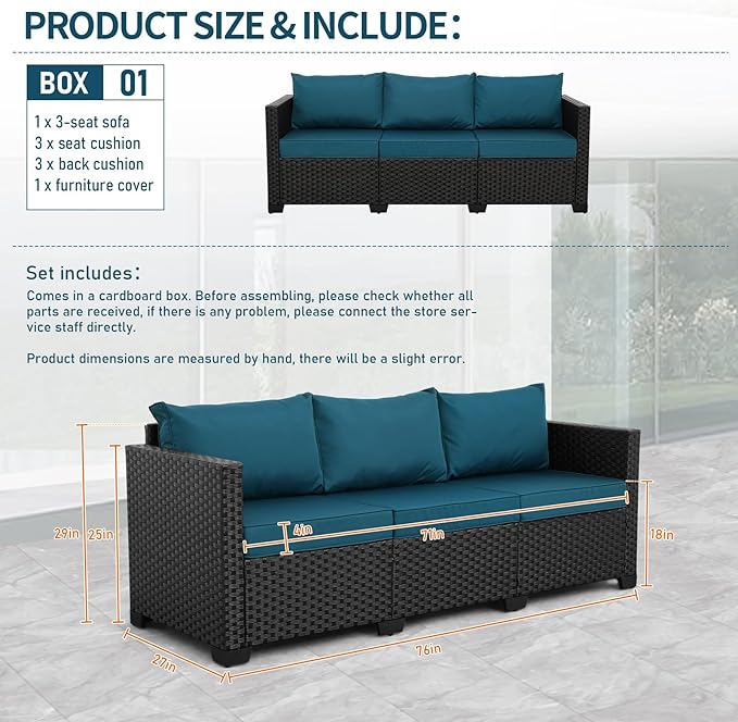 Rattan Star Outdoor Furniture Couch 3 Seater Sofa Outdoor Wicker Sofa Deep Seat High Backrest Patio Couch with Non-Slip Cushions Waterproof Cover, Peacock Blue