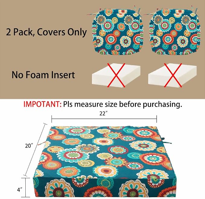 Magpie Fabrics Indoor Outdoor Cushion Cover Replacement 2 Pack, NO Insert! Water Repellent Slipcover with Ties Decor for Patio Garden Chair Sofa Bench Wicker(Floral Green, 22x20x4 Inch)