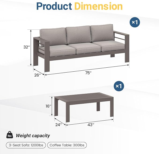 Wisteria Lane Metal Patio Furniture Set for All Weather, Oversized Heavy Duty Outdoor Furniture Set with Upgraded Cushion, Modern Outdoor Patio Couch Set for Garden, Balcony, Backyard, Kahki Gray