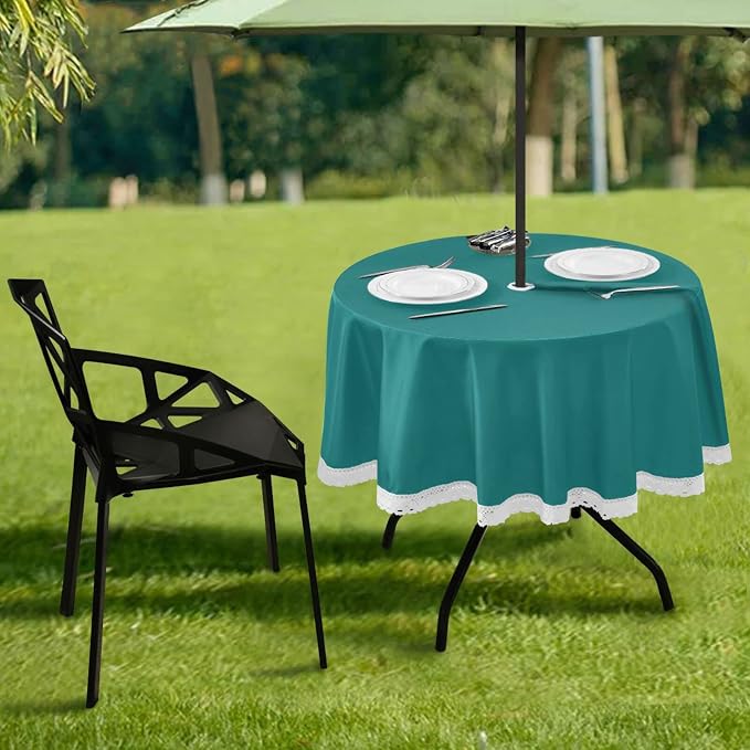 Teal Green Solid Color Round Tablecloth 60" Waterproof Spillproof Polyester Fabric Table Cover with Zipper Umbrella Hole for Outdoor Patio Garden Dining Party