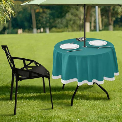 Teal Green Solid Color Round Tablecloth 60" Waterproof Spillproof Polyester Fabric Table Cover with Zipper Umbrella Hole for Outdoor Patio Garden Dining Party