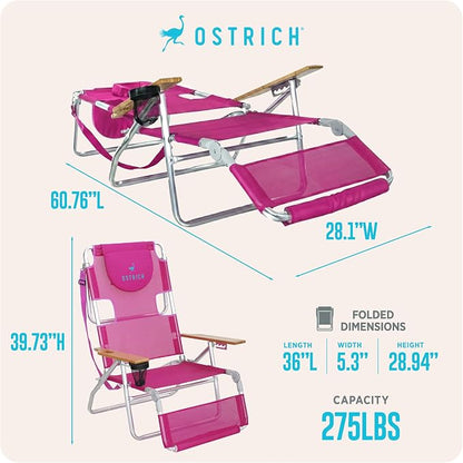 Ostrich the Original 3N1 Lightweight Beach Reclining Lounge Chair with Footrest, Outdoor Furniture for Patio, Balcony, Backyard, or Porch, Pink