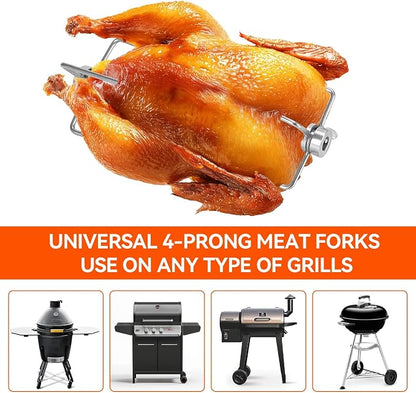 Grill Rotisserie Spit Meat Forks Replacement-Fits 3/8-Inch and 5/16-Inch Square Spit Rods 4pack and Cleaning Tools