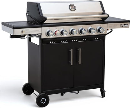 Brand-Man 6-Burner Propane Gas Grill with 12,000 BTU Infrared Sear Side Burner, Porcelain-Enameled Cast Iron Diamond-Pattern Grates & Griddle, 624 Sq.In. BBQ Station with Storage Cabinet for Barbecue