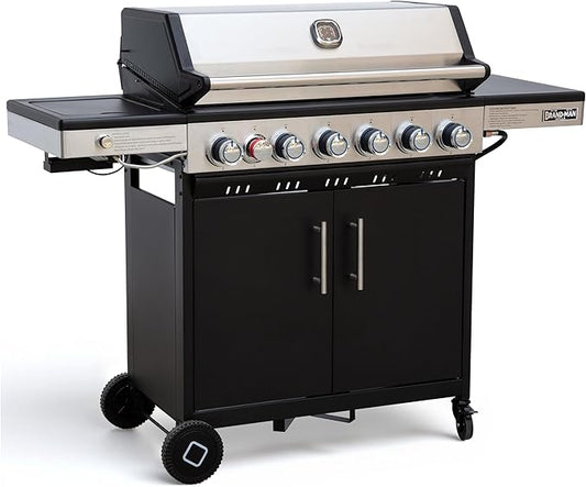 Brand-Man 6-Burner Propane Gas Grill with 12,000 BTU Infrared Sear Side Burner, Porcelain-Enameled Cast Iron Diamond-Pattern Grates & Griddle, 624 Sq.In. BBQ Station with Storage Cabinet for Barbecue