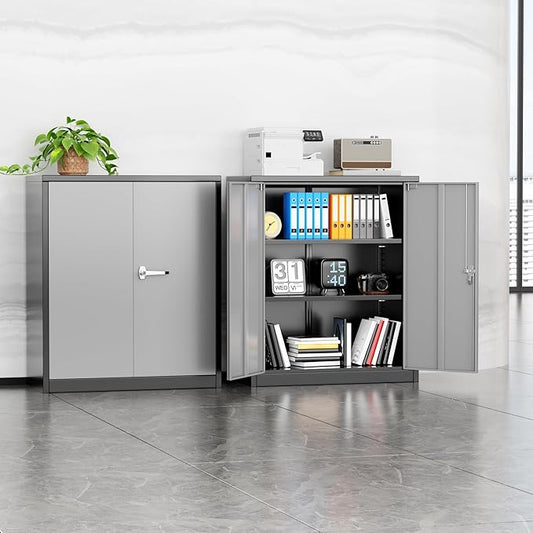 INTERGREAT Metal Garage Storage Cabinet, 36" Locking Counter Cabinet with 2 Locking Doors and 2 Adjustable Shelves, Small Steel Cabinet for for Home Office, Gym, School(Black Grey)