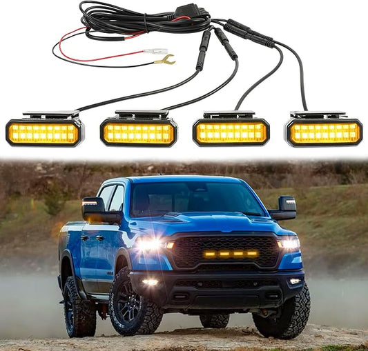 4PCS LED Grille Lights Yellow，Universal Clip-On Car Front,IP66 Smoked Lens,Compatible with Jeep Wrangler,Ford F150,Dodge Ram 1500,Toyota Tacoma