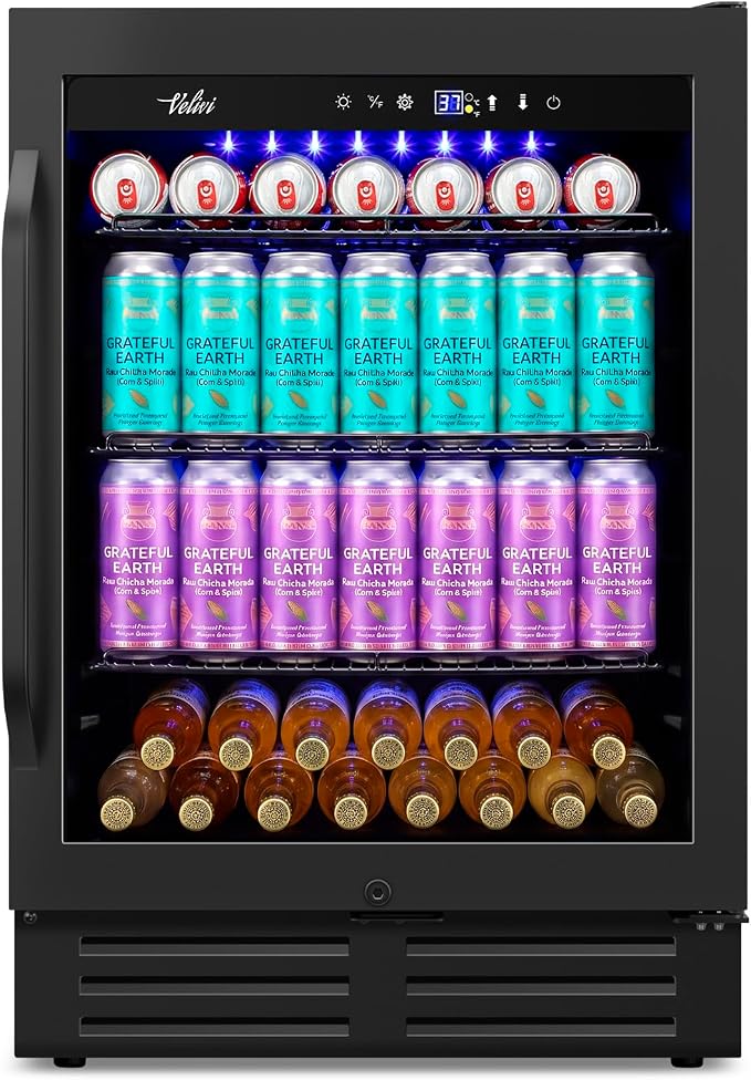 Velivi 24" Black Beverage Refrigerator Cooler: 24Inch Built-In Under Counter Fridge for Soda, Beer, Drink | 168Cans Large Capacity - Perfect for Kitchen, Bar, or Office