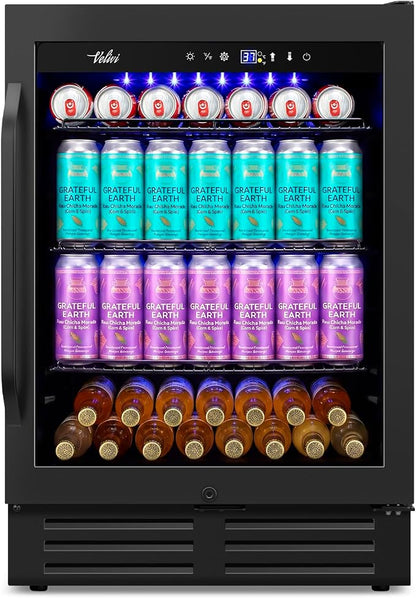 Velivi 24" Black Beverage Refrigerator Cooler: 24Inch Built-In Under Counter Fridge for Soda, Beer, Drink | 168Cans Large Capacity - Perfect for Kitchen, Bar, or Office