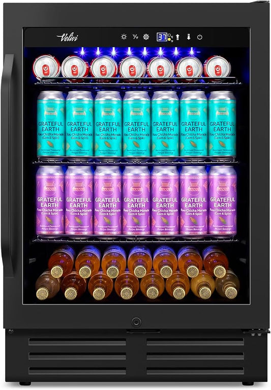 Velivi 24" Black Beverage Refrigerator Cooler: 24Inch Built-In Under Counter Fridge for Soda, Beer, Drink | 168Cans Large Capacity - Perfect for Kitchen, Bar, or Office