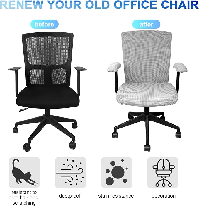 Tallew 8 Pcs Office Chair Covers Stretchable Armrest Seat,XL,Silver Grey | Universal Fit Office Desk Chairs, Protective Seat Backrest Slipcovers, Stretchable Prevent Wear, Easy Install for Rotating