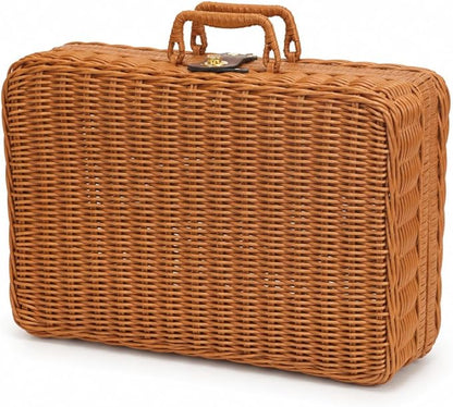 Wicker Picnic Basket, Decorative Prop Suitcase Vintage Storage Hamper Makeup Organizer, Metal Lock Rattan Storage Box with Handles for Sundries Travel Camping and Outdoor Party (Brown, XL)