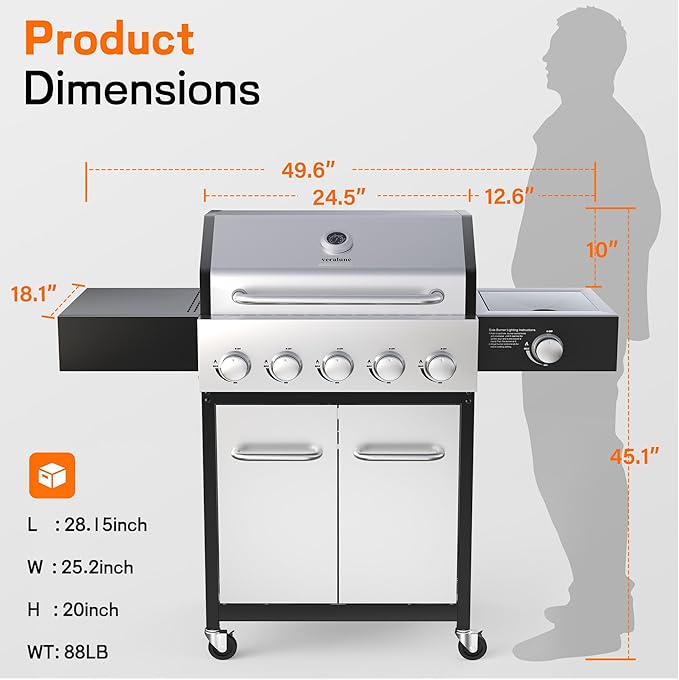 Veralune 5 Burner Gas Grill with Side Burner, Stainless Steel Propane Grill with Porcelain-Enameled Grills, Built-In Thermometer, 68000BTU BBQ Grill for Patio, Backyard, Garden Cooking