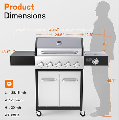 Veralune 5 Burner Gas Grill with Side Burner, Stainless Steel Propane Grill with Porcelain-Enameled Grills, Built-In Thermometer, 68000BTU BBQ Grill for Patio, Backyard, Garden Cooking