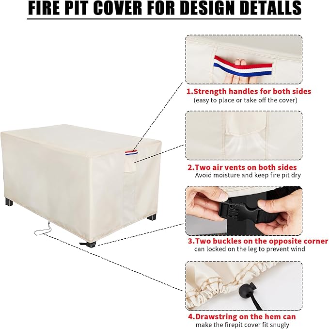 Fire Pit Cover Rectangular 50 Inch - Waterproof Outdoor Fire Table Cover Rectangle Heavy Duty, 600D Patio Propane Gas Firepit Cover Rectangular Tear Weather Resistant - 50 x 26 x 18 Inch Beige