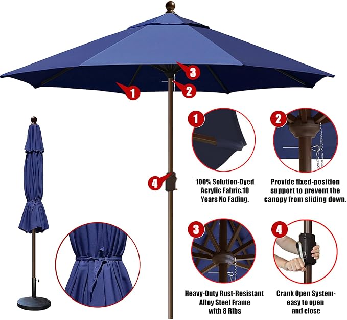 EliteShade USA 10-Year-Non-Fading 10Ft Market Patio Umbrella, UPF 50+ UV Protection Performance Sun Umbrella, Heavy Duty Commercial Grade Outdoor Table Umbrella with Crank, Windproof Vented Top for Garden, Pool, Deck and Outdoor Playsets, No Tilt, Navy...