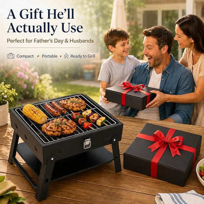 Small Portable BBQ Charcoal Grill: Mini Foldable Table Top Barbecue Grills with Fire Starter Kit for Outdoor Cooking, Fathers Day Birthday Grilling Gift for Men Dad Husband