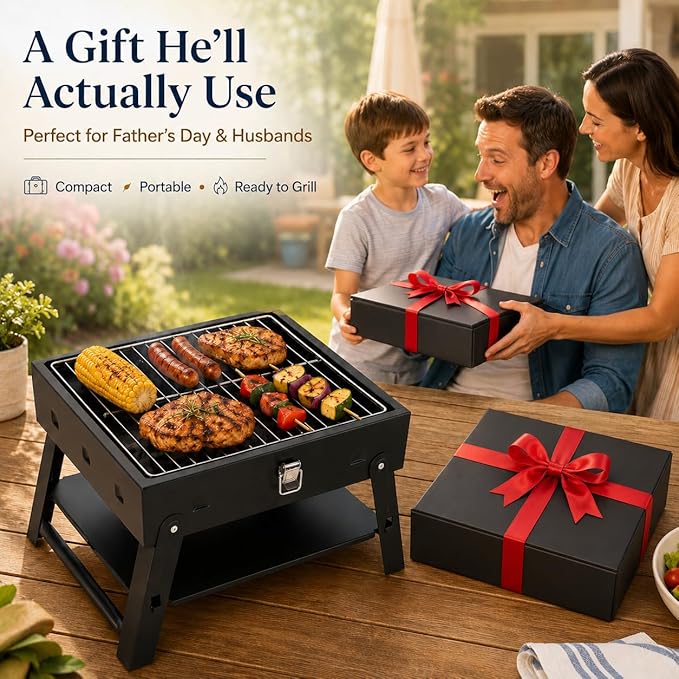 Small Portable BBQ Charcoal Grill: Mini Foldable Table Top Barbecue Grills with Stainless Steel BBQ Grilling Tool Set, Fathers Day Birthday Grilling Gift for Men Dad Husband