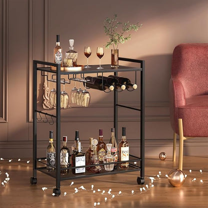 Joaxswe Bar Cart, Home Bar Serving Cart with 2-Tier Shelf,Rolling Beverage Cart with Wheels,Mobile Kitchen Shelf,Modern Black Wine Drink Cart with Wine Rack and Glass Holder for Kitchen,Dinning Room