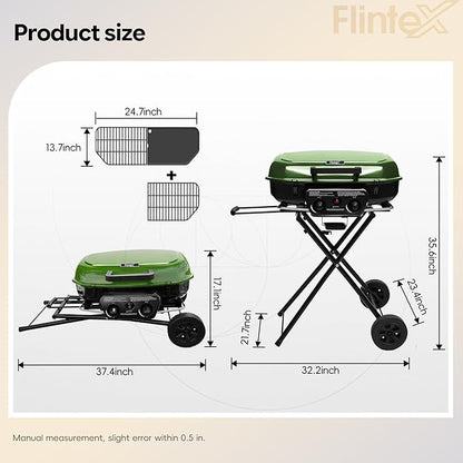 Flintex 2-Burner Portable Propane Gas Grill, Foldable 2-in-1 Camping Propane Grill with Porcelain-Enameled Griddle & Grill Grate for Outdoor Camping Picnics Backyard Cooking, Green