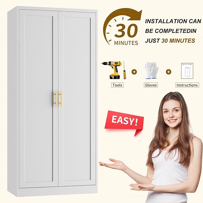 CJF White Kitchen Pantry Cabinet,71 Inch Tall Metal Storage Cabinet with 4 Adjustable Shelves and Doors, Freestanding Pantry Cabinet for Kitchen, Living Room, Dining Room, Bathroom, Easy to Assemble