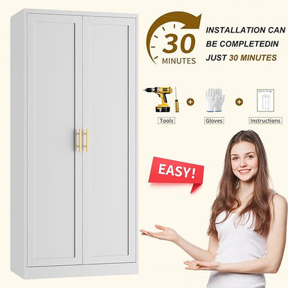 CJF White Kitchen Pantry Cabinet,71 Inch Tall Metal Storage Cabinet with 4 Adjustable Shelves and Doors, Freestanding Pantry Cabinet for Kitchen, Living Room, Dining Room, Bathroom, Easy to Assemble