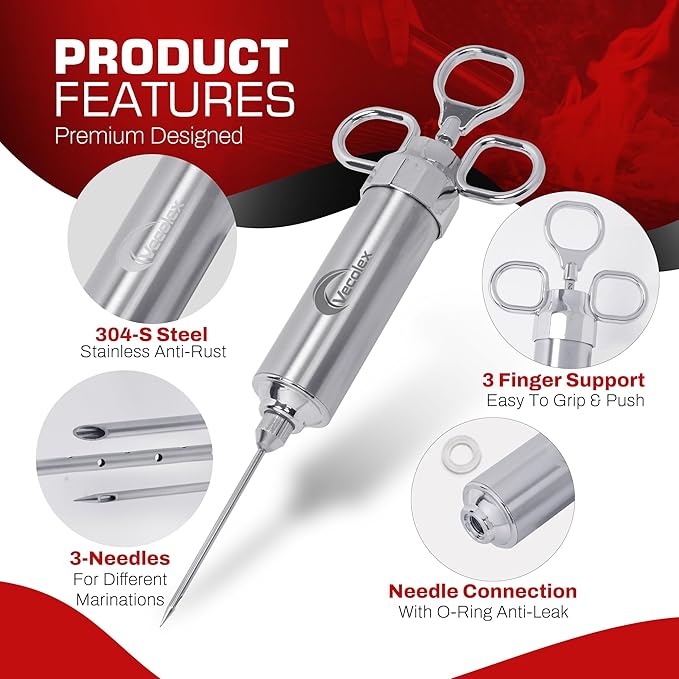 304 Stainless Steel Meat Injector Syringe-2 Oz Turkey Injector for Smoking with 3 Needles 3 Brushes-Spare O Rings-Food Injector for BBQ,Turkey & Brisket (Stainless Steel)