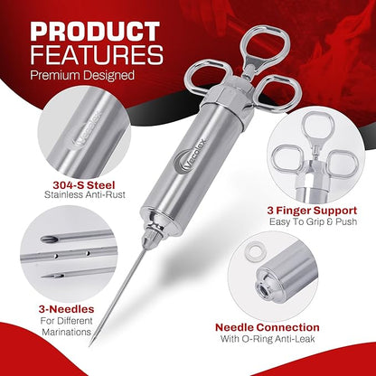 304 Stainless Steel Meat Injector Syringe-2 Oz Turkey Injector for Smoking with 3 Needles 3 Brushes-Spare O Rings-Food Injector for BBQ,Turkey & Brisket (Stainless Steel)