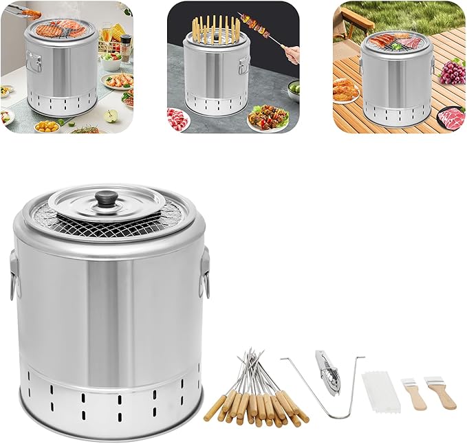 Portable Smokeless Charcoal Barbecue Barrel,Stainless Steel BBQ Grill Mesh Barrel with Grilling Accessories Set,360° All Round Roasting Hanging Stove for Outdoor Indoor Camping