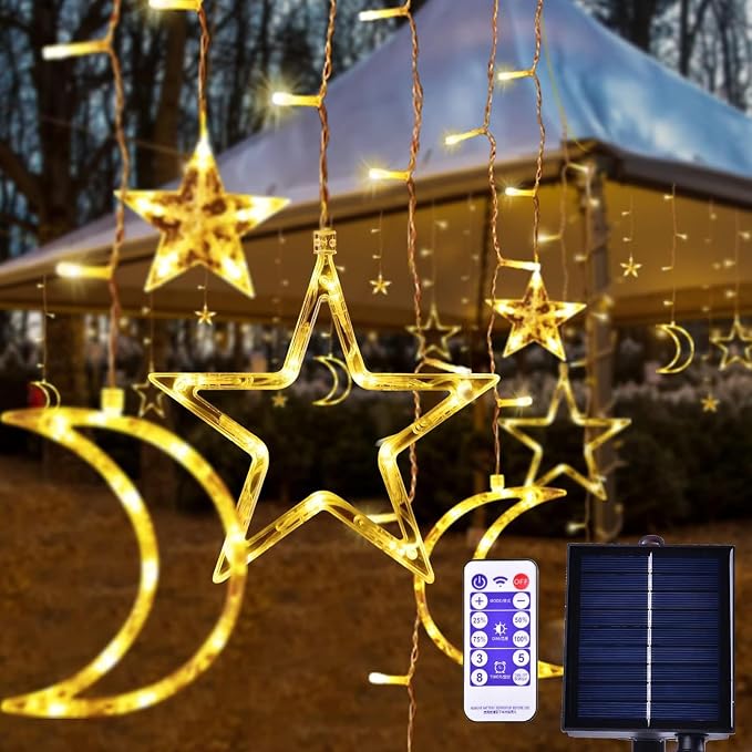138 LED Ramadan Decorations Light Solar Moon Star Lights String Light Outdoor Waterproof Solar Powered Curtain Lights with 8 Modes Ramadan Hanging Decor for Patio (Warm White)