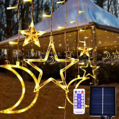 138 LED Ramadan Decorations Light Solar Moon Star Lights String Light Outdoor Waterproof Solar Powered Curtain Lights with 8 Modes Ramadan Hanging Decor for Patio (Warm White)
