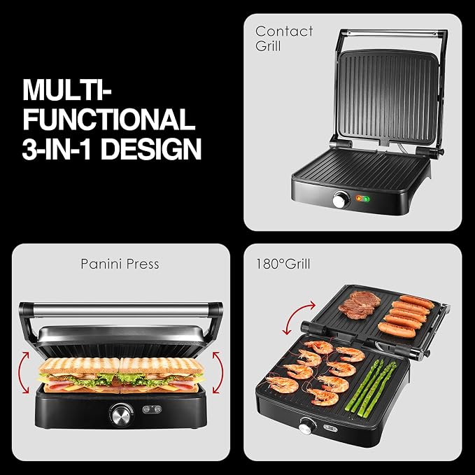 OSTBA Panini Press Grill, 4-Slice Sandwich Maker with Nonstick Plates | 1200W Heating with Adjustable Temperature, 180° Opening, Drip Tray, Stainless Steel, Easy Cleanup