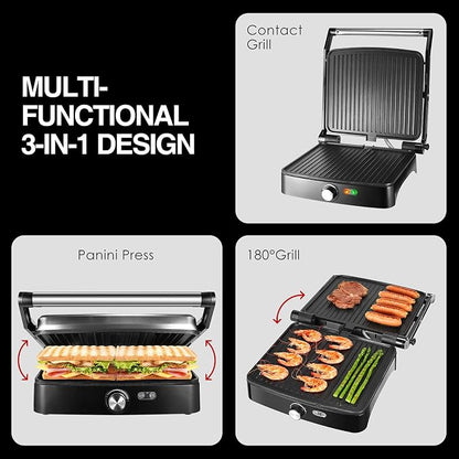 OSTBA Panini Press Grill, 4-Slice Sandwich Maker with Nonstick Plates | 1200W Heating with Adjustable Temperature, 180° Opening, Drip Tray, Stainless Steel, Easy Cleanup