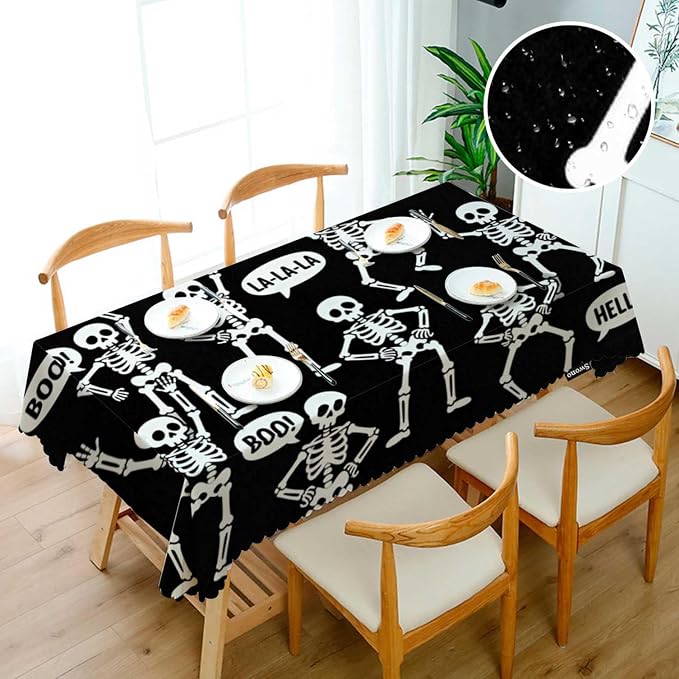 Swono Skeletons Tablecloth Funny Halloween Skulls Different Poses Decorative Table Cover for Kitchen, Party Banquet and Holiday Tablecloth, 52x70 Inch(4-6 Seats), Black