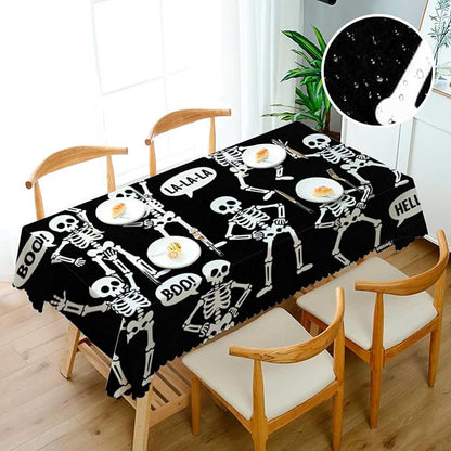 Swono Skeletons Tablecloth Funny Halloween Skulls Different Poses Decorative Table Cover for Kitchen, Party Banquet and Holiday Tablecloth, 52x70 Inch(4-6 Seats), Black