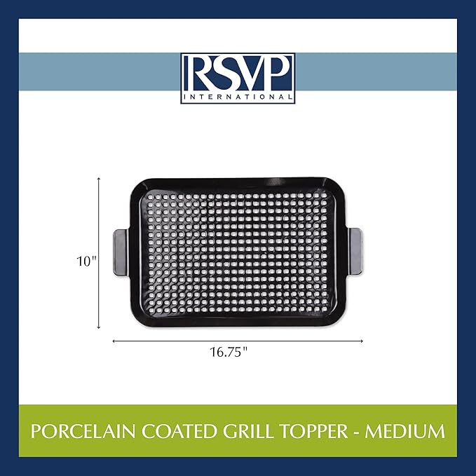 RSVP International Porcelain Coated Steel BBQ Grill Tray/Pan, Outdoor Barbeque Grilling Accessories for Cooking Fish & Vegetables, Dishwasher Safe, Medium, 16.75x10"