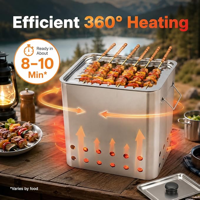 Smokeless Barbecue Charcoal Barrel Grill, Stainless Steel Surround Charcoal BBQ Grill Barrel for 26 Skewers, 360° Smokeless Charcoal Hanging Grill for Beaches Travel Camping Grill Picnic Patio