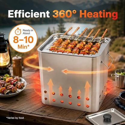 Smokeless Barbecue Charcoal Barrel Grill, Stainless Steel Surround Charcoal BBQ Grill Barrel for 26 Skewers, 360° Smokeless Charcoal Hanging Grill for Beaches Travel Camping Grill Picnic Patio