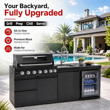 82-Inch Outdoor Kitchen Island, 6-Burner 85,000 BTU Modular Propane Gas Stainless Steel BBQ Grill with Refrigerator, Rotisserie Kit, Stainless Steel Countertop, Storage Cabinets & Drawers, Black