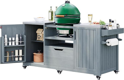 LUMISOL Outdoor Grill Cart for Big Green Egg Grills, 66.5" Solid Wood Outdoor Kitchen Island with Stainless Steel Top, Rolling Kitchen Cart with Internal Storage Rack, Spice & Towel Rack, Grey Blue