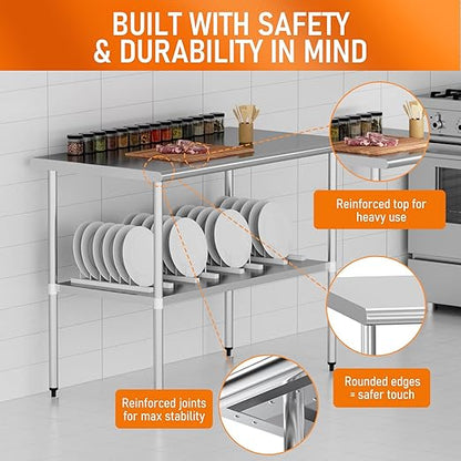 Stainless Steel Table for Food Prep & Work 24 x 60 inches Commercial Workstation with Adjustable Undershelf in Kitchen, Garage, Outdoor BBQ