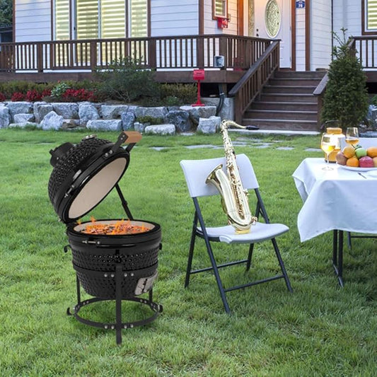 13in Round Ceramic Grill, Kamado BBQ Charcoal Grill, Portable Barbecue Grill with Thermometer for Variations on Cooking Methods, Low Stand and Side Handles, Black
