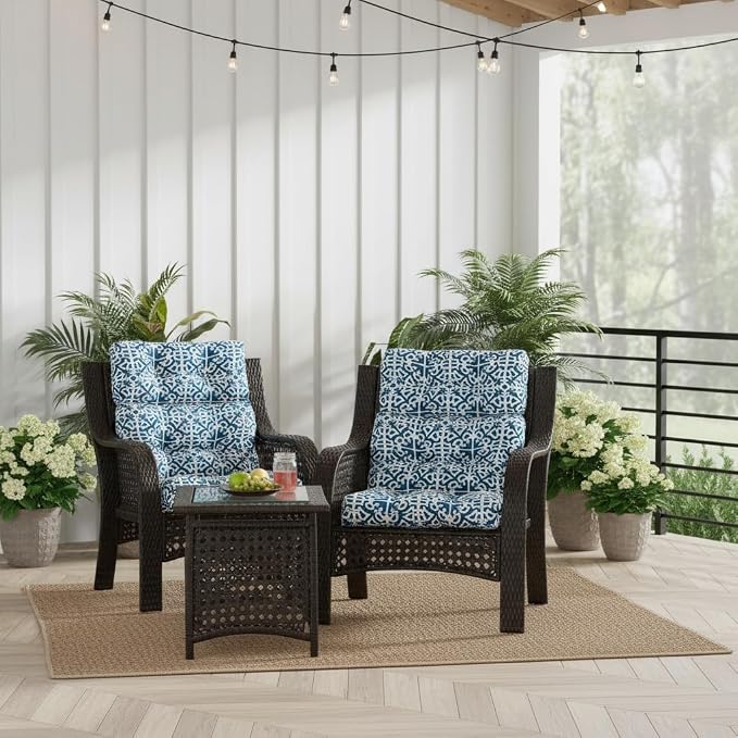 Outdoor Tufted High-Back Chair Cushions, One-Piece Hinged Seat and Back Design, Reversible with 4 Ties, Durable Polyester Fabric, Recycled Fiber Fill - Set of 2, Indigo Lattice