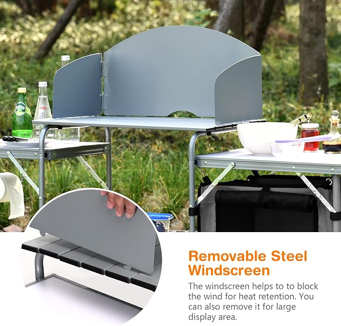 Giantex Folding Grill Table with 26'' Tabletop and Detachable Windscreen, Aluminum Portable Camp Cook Station Carry Bag Quick Set-up, BBQ Camping Picnic Backyard Outdoor Camping Kitchen Table (Grey)