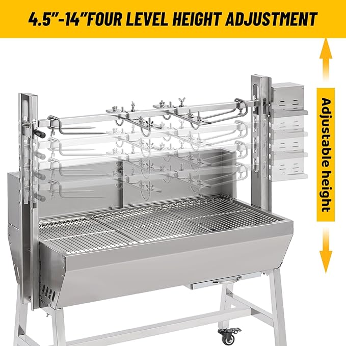 Rotisserie Grill with Back Cover Guard, 25W Motor 55 Inch Stainless Steel Small Pig Lamb Rotisserie Roaster, BBQ Charcoal Rotisserie Grill for Camping Party, Outdoor Kitchen (60KG)