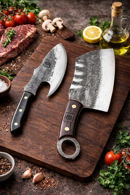 COOLINA Vikings Duo Butcher & Cleaver Knife Set - Hand-Forged High-Carbon Steel, Razor Sharp, Full Tang, Wood Handle, Perfect for BBQ, Meat & Veggies, Built for Grill Masters