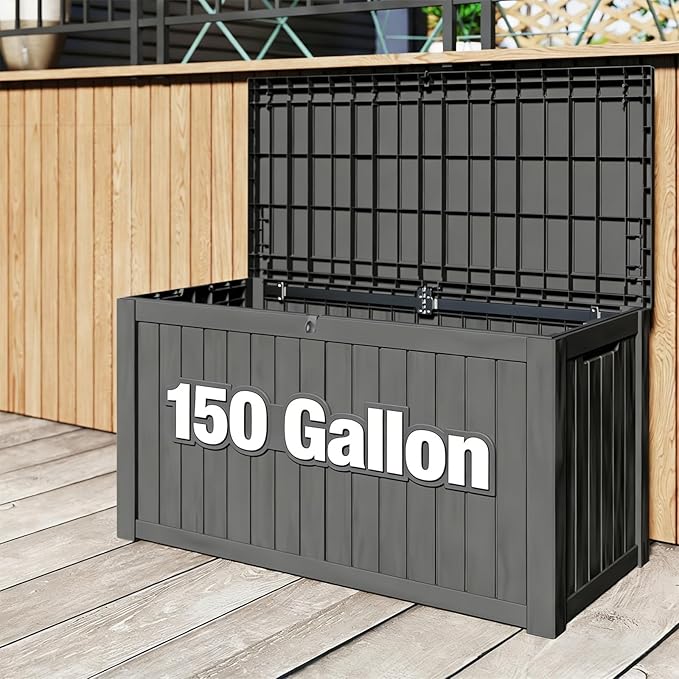 FEFLO 150 Gallon Waterproof Resin Outdoor Storage Box, Lockable & UV Resistant Patio Deck Boxes, Outside Storage for Patio Cushions, Pool Toys, Garden Tools & Package Delivery, Black