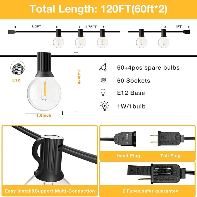 GLUROO 120FT Outdoor String Lights, G40 LED Patio Lights with 64pcs Bulbs, Waterproof Shatterproof Dimmable Globe Hanging Outdoor Cafe Bistro Porch Outside Light, 2Packs * 60ft