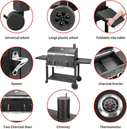 Charcoal Grill Outdoor BBQ Grill, Extra Large Cooking Area 753 Square Inches with Two Individual & Adjustable Charcoal Tray, Foldable Side Tables for Outdoor Cooking Backyard Camping Picnics By DNKMOR