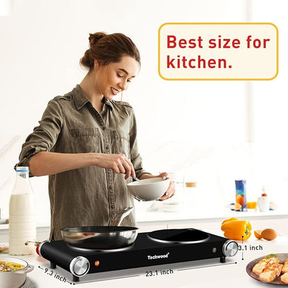 Hot Plate, Techwood 1800W Dual Electric Stove, Countertop Stove Double Burner for Cooking, Infrared Ceramic Hot Plates Double Cooktop, Brushed Stainless Steel Easy to Clean Upgraded Version, Black